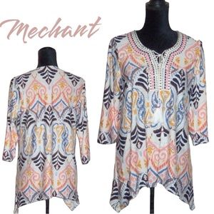 Mechant BOHO Multi Color Shark Bite Blouse Top, Women’s Small NEW